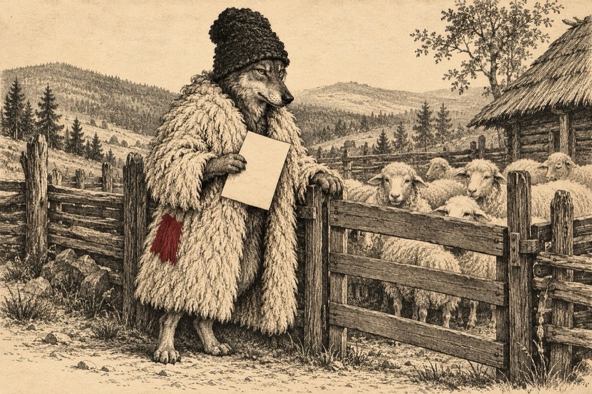 Ilustrație pentru poezia „Lupul paznic la oi”